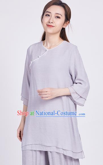 Chinese Traditional Martial Arts Grey Silk Blouse Tai Chi Competition Shirt Costume for Women