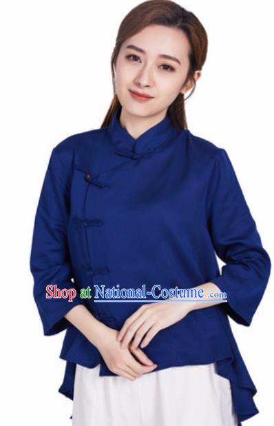 Chinese Traditional Martial Arts Navy Slant Opening Blouse Tai Chi Competition Shirt Costume for Women