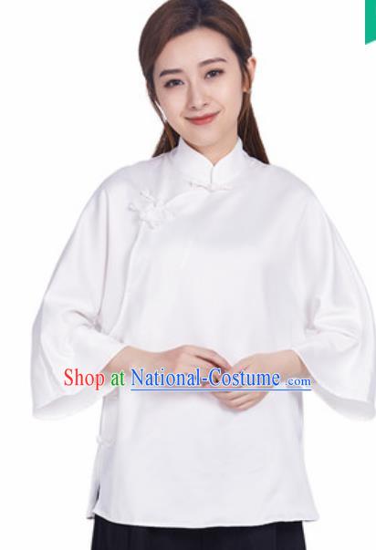 Chinese Traditional Martial Arts White Slant Opening Blouse Tai Chi Competition Shirt Costume for Women