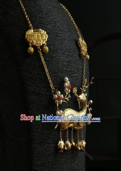 Chinese Ancient Court Golden Deer Longevity Lock Necklace Traditional Princess Hanfu Necklet Accessories for Women