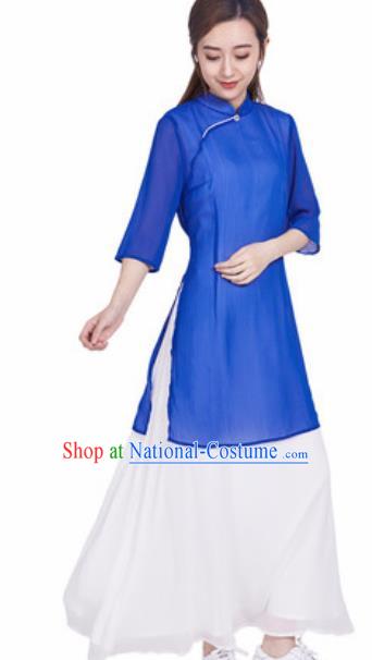 Chinese Traditional Tang Suit Martial Arts Blue Slant Opening Blouse Tai Chi Competition Costume for Women