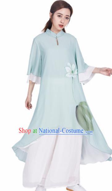 Chinese Traditional Tang Suit Martial Arts Ink Painting Lotus Green Blouse Tai Chi Competition Costume for Women