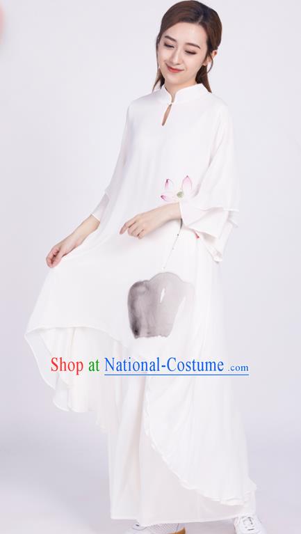 Chinese Traditional Tang Suit Martial Arts Ink Painting Lotus White Blouse Tai Chi Competition Costume for Women