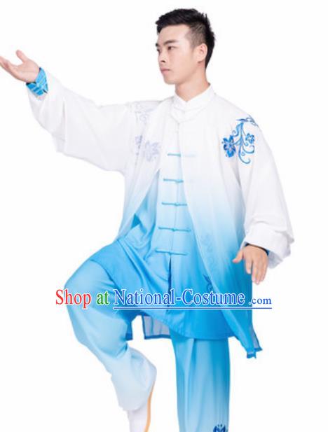 Chinese Traditional Tang Suit Blue Clothing Martial Arts Tai Chi Competition Costume for Men