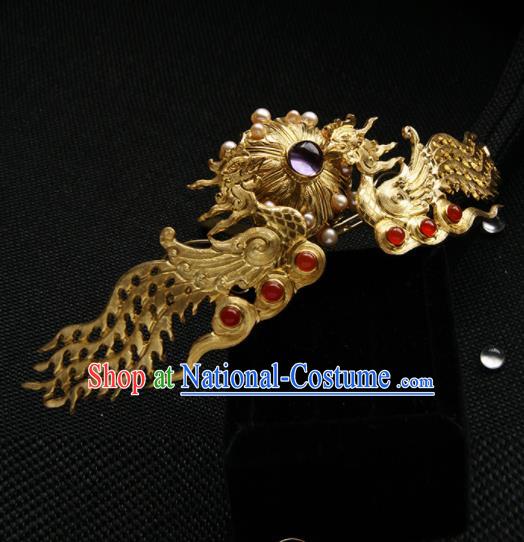 Chinese Ancient Tang Dynasty Queen Golden Phoenix Hair Comb Hairpins Traditional Hanfu Hair Accessories for Women