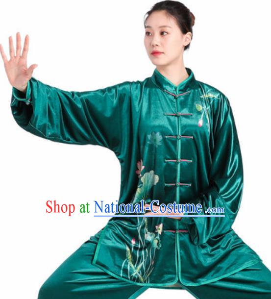 Chinese Traditional Tang Suit Green Velvet Clothing Martial Arts Tai Chi Competition Costume for Women