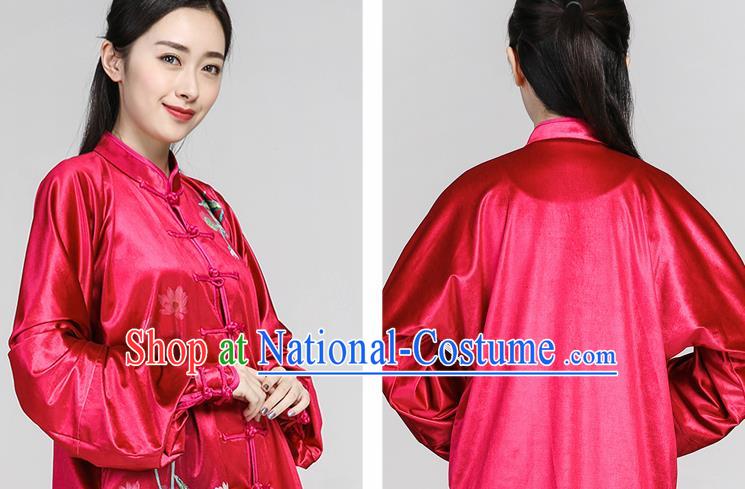 Chinese Traditional Tang Suit Rosy Velvet Clothing Martial Arts Tai Chi Competition Costume for Women