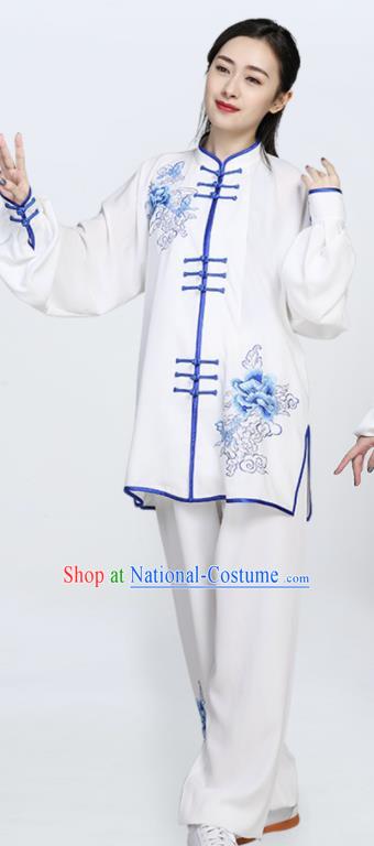 Chinese Traditional Tang Suit Blue Embroidered Clothing Martial Arts Tai Chi Competition Costume for Women