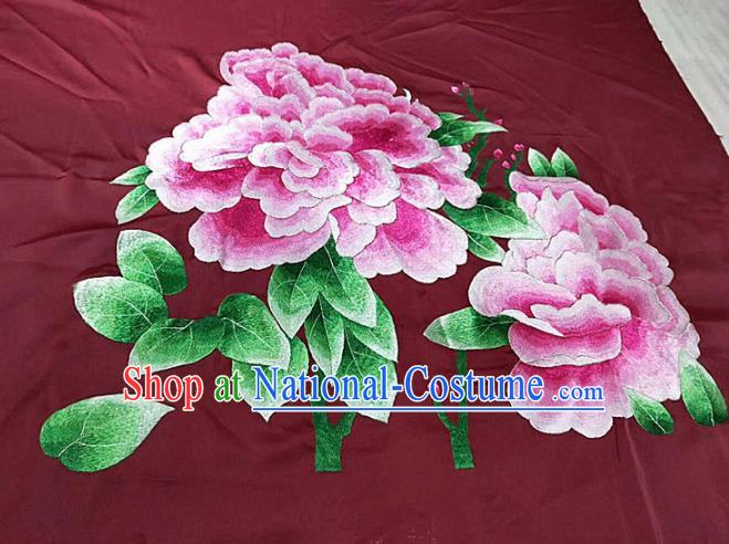 Chinese Handmade Embroidered Peony Wine Red Silk Fabric Patch Traditional Embroidery Craft