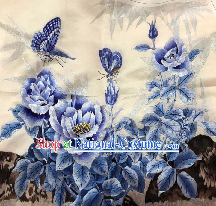 Chinese Handmade Embroidered Blue Peony Butterfly Silk Fabric Patch Traditional Embroidery Craft