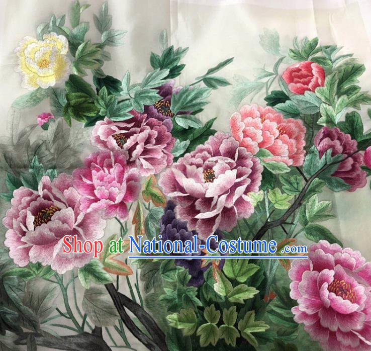 Chinese Handmade Embroidered Lilac Peony Silk Fabric Patch Traditional Embroidery Craft