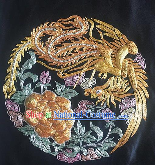 Chinese Handmade Embroidered Golden Phoenix Peony Silk Fabric Patch Traditional Embroidery Craft