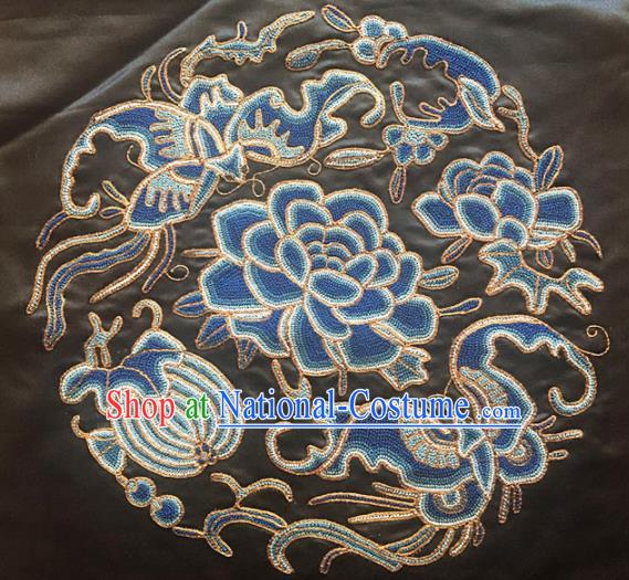 Chinese Handmade Embroidered Blue Peony Silk Fabric Patch Traditional Embroidery Craft