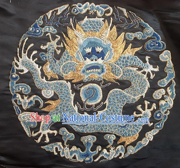 Chinese Handmade Embroidered Blue Dragon Silk Fabric Patch Traditional Embroidery Craft