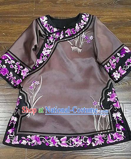 Chinese Traditional Tang Suit Embroidered Brown Blouse National Costume Qipao Shirt for Women