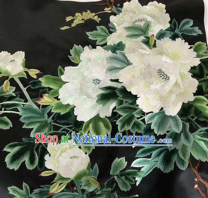 Chinese Handmade Embroidered White Peony Silk Fabric Patch Traditional Embroidery Craft