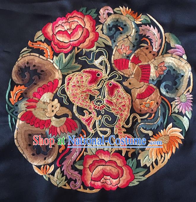 Chinese Handmade Embroidered Peony Carps Silk Fabric Patch Traditional Embroidery Craft