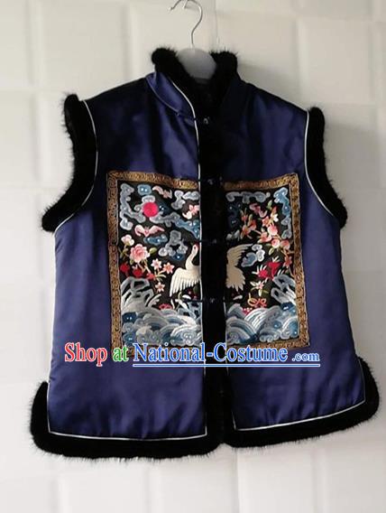 Chinese Traditional Tang Suit Embroidered Crane Navy Vest National Costume Qipao Shirt for Women