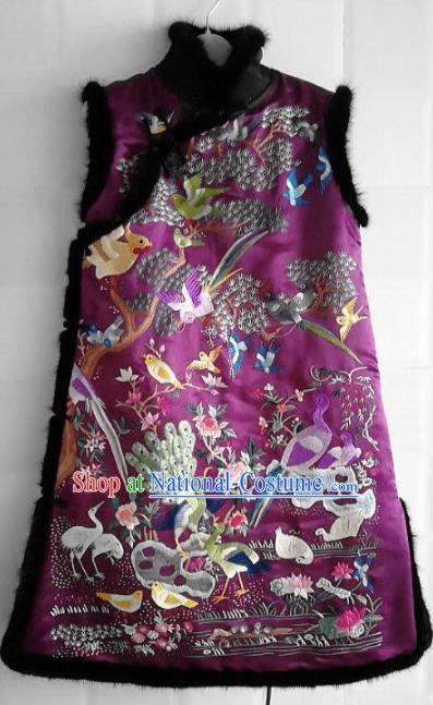 Chinese Traditional Tang Suit Embroidered Purple Vest National Costume Qipao Shirt for Women