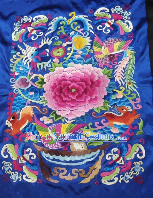 Chinese Handmade Embroidered Peony Royalblue Silk Fabric Patch Traditional Embroidery Craft