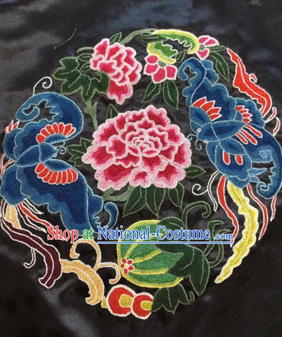 Chinese Handmade Embroidered Red Peony Butterfly Silk Fabric Patch Traditional Embroidery Craft