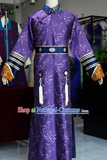 Chinese Ancient Drama Royal Highness Purple Costumes Traditional Qing Dynasty Prince Clothing for Men