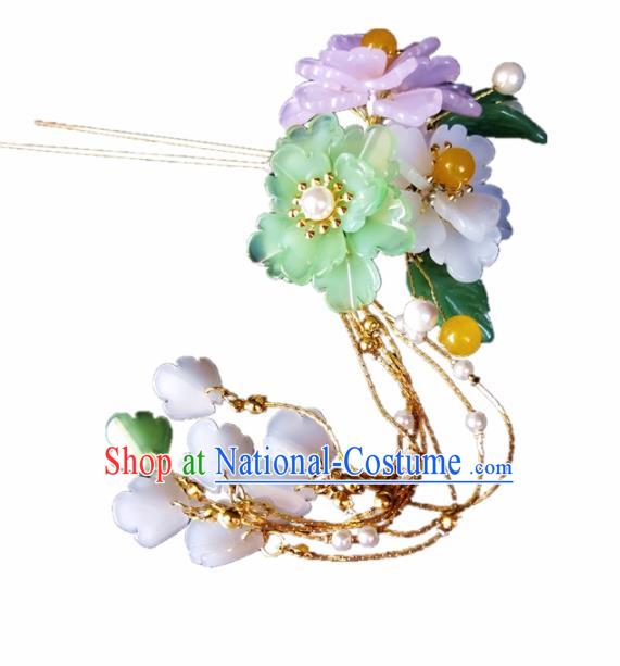 Chinese Ancient Hanfu Peach Flowers Tassel Hairpins Traditional Handmade Hair Accessories for Women