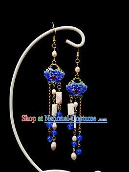 Chinese Ancient Hanfu Blueing Tassel Earrings Traditional Handmade Ear Accessories for Women