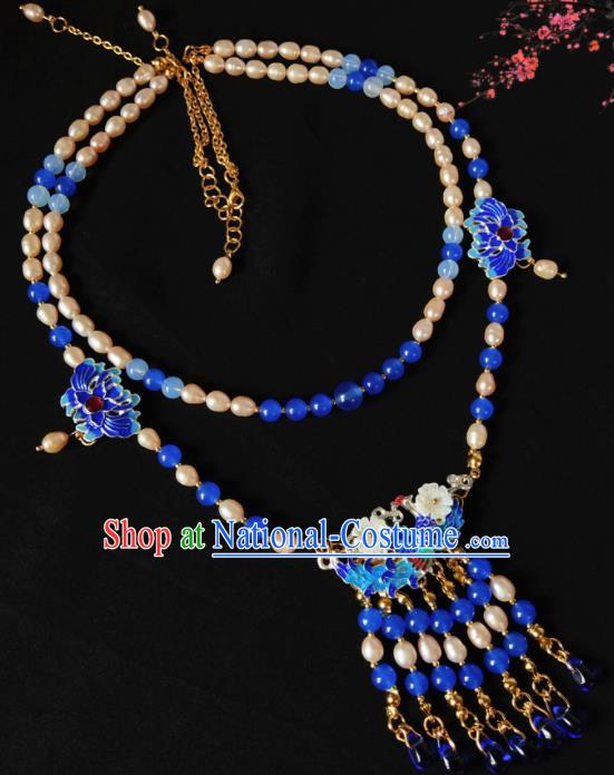 Chinese Ancient Hanfu Blueing Tassel Necklace Traditional Necklet Jewelry Accessories for Women