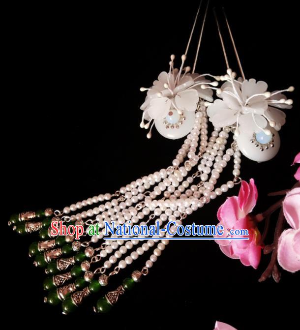 Chinese Ancient Hanfu White Beads Tassel Hairpins Traditional Handmade Hair Accessories for Women