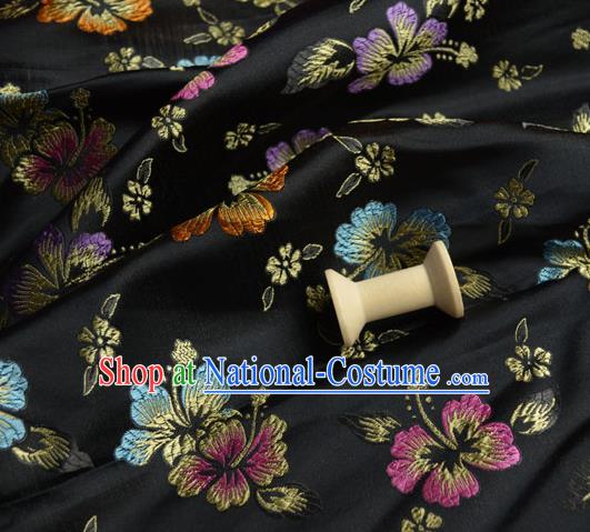 Traditional Chinese Royal Phalaenopsis Flower Pattern Design Black Brocade Silk Fabric Asian Satin Material