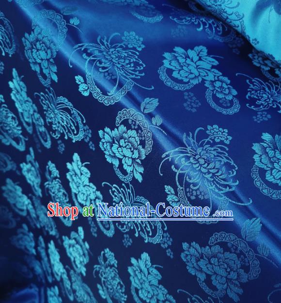 Traditional Chinese Royal Chrysanthemum Peony Pattern Design Royalblue Brocade Silk Fabric Asian Satin Material