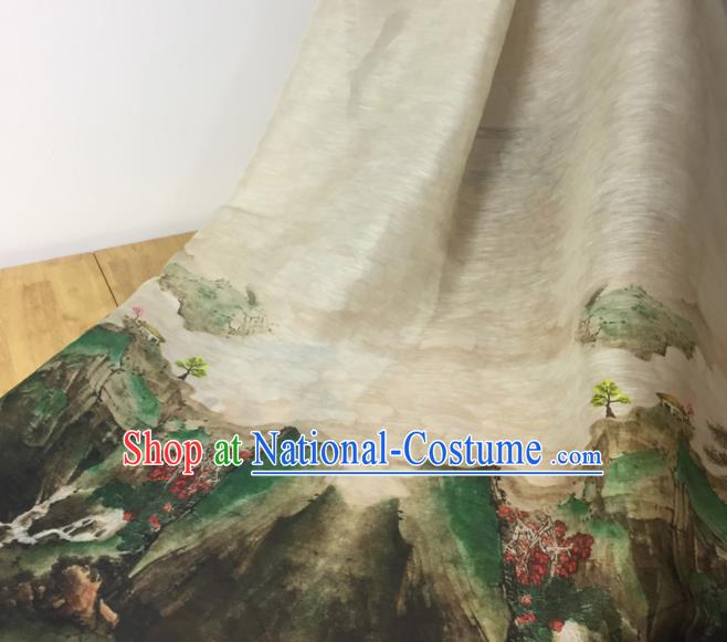 Chinese Traditional Landscape Pattern Design Beige Silk Fabric Brocade Asian Satin Material