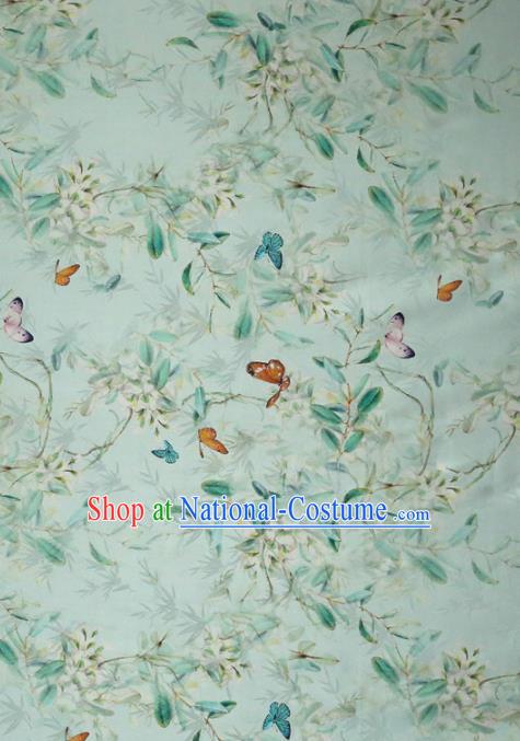 Chinese Traditional Bamboo Leaf Butterfly Pattern Design Green Satin Brocade Fabric Asian Silk Material