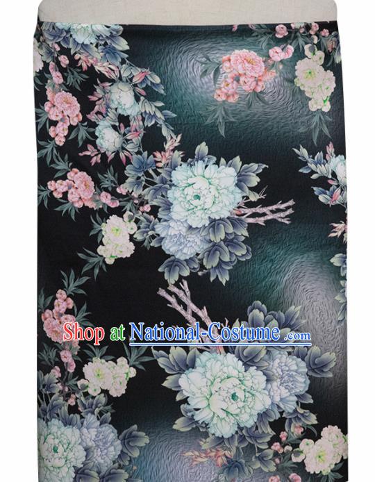 Chinese Traditional Peony Pattern Design Black Satin Brocade Fabric Asian Silk Material