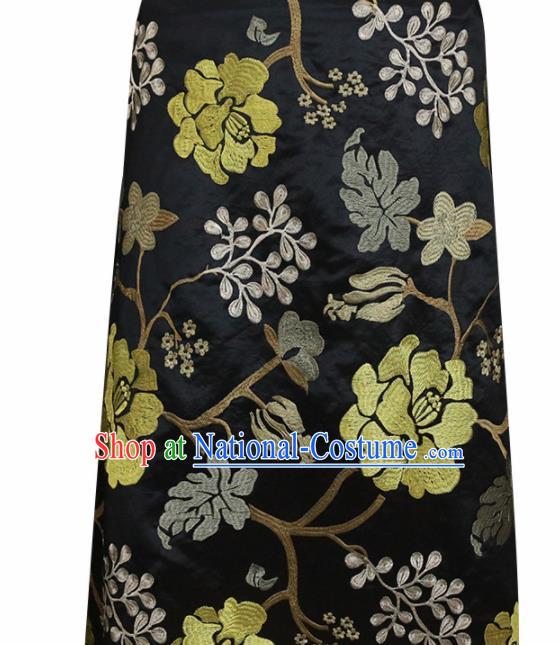 Chinese Traditional Golden Peony Pattern Design Black Satin Brocade Fabric Asian Silk Material