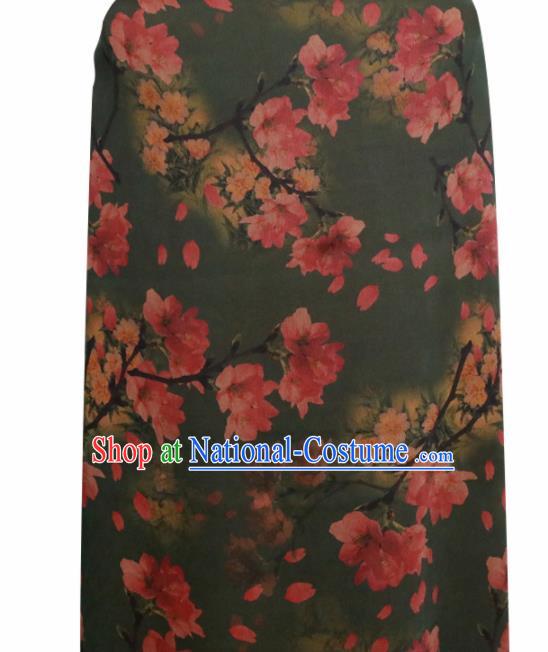 Chinese Traditional Peach Blossom Pattern Design Olive Green Satin Brocade Fabric Asian Silk Material