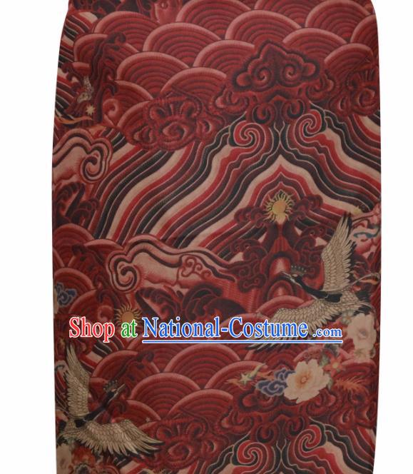 Chinese Traditional Wave Crane Pattern Design Red Satin Brocade Fabric Asian Silk Material