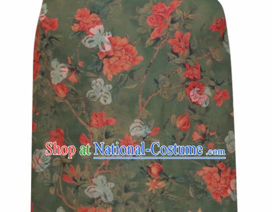 Chinese Traditional Pomegranate Flowers Pattern Design Olive Green Satin Brocade Fabric Asian Silk Material