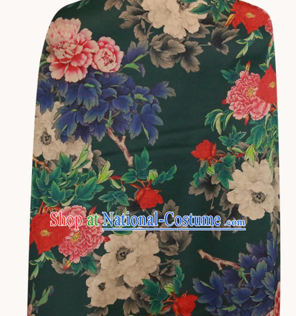 Chinese Traditional Peony Pattern Design Deep Green Satin Brocade Fabric Asian Silk Material