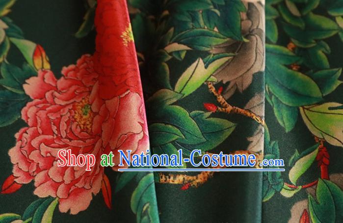 Chinese Traditional Peony Pattern Design Deep Green Satin Brocade Fabric Asian Silk Material