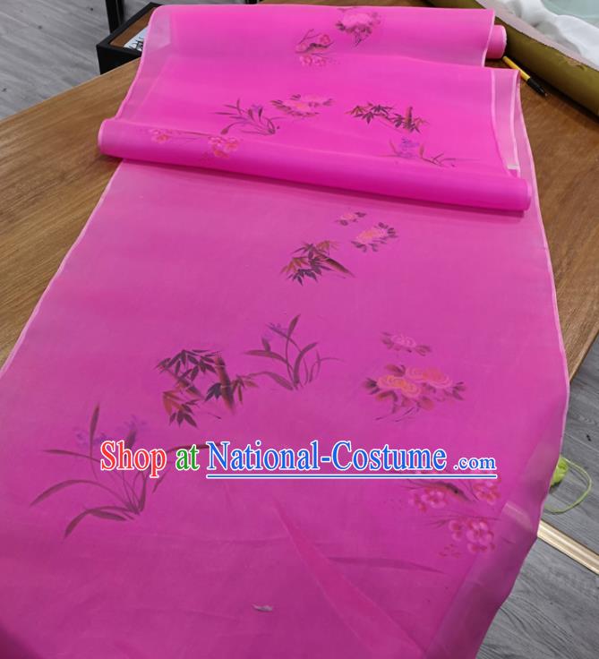 Chinese Traditional Plum Blossoms Orchid Bamboo Chrysanthemum Pattern Design Rosy Silk Fabric Brocade Asian Satin Material