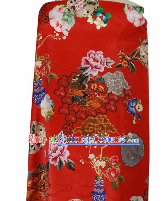 Chinese Traditional Peony Pattern Design Wedding Red Satin Brocade Fabric Asian Silk Material