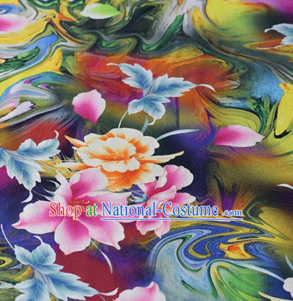 Chinese Traditional Flowers Pattern Design Cheongsam Deep Blue Satin Brocade Fabric Asian Silk Material