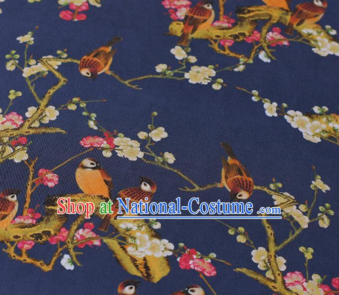 Chinese Traditional Plum Birds Pattern Design Cheongsam Navy Satin Brocade Fabric Asian Silk Material