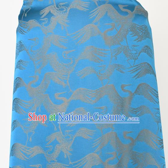 Chinese Traditional Cranes Pattern Design Cheongsam Blue Satin Brocade Fabric Asian Silk Material