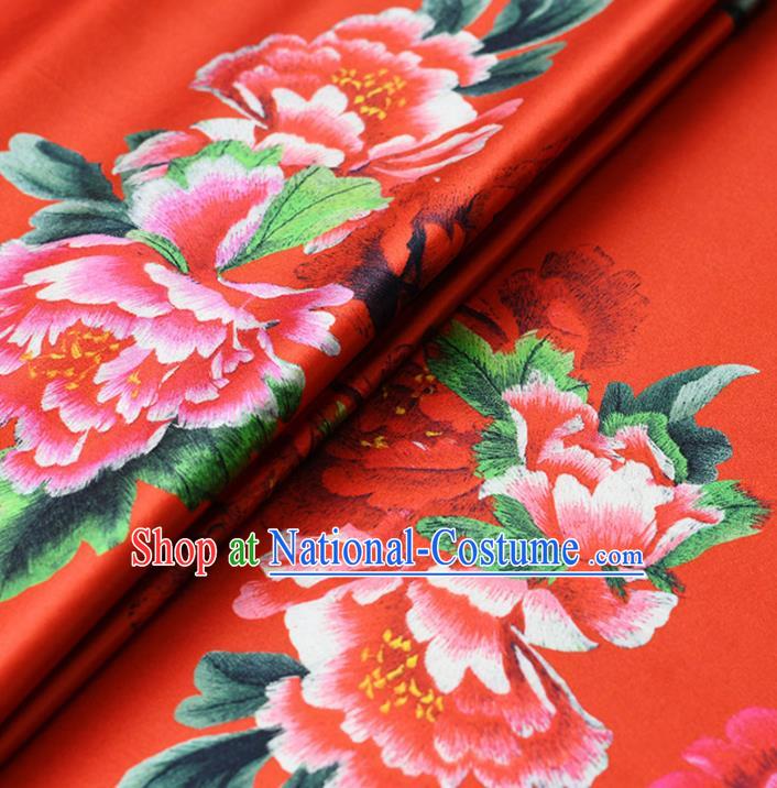 Chinese Traditional Peony Pattern Design Cheongsam Red Satin Brocade Fabric Asian Silk Material