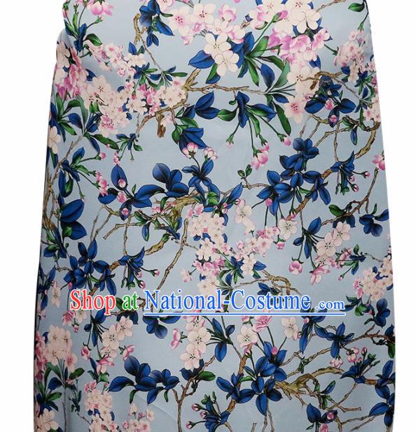 Chinese Traditional Peach Blossom Pattern Design Light Blue Satin Brocade Fabric Asian Silk Material