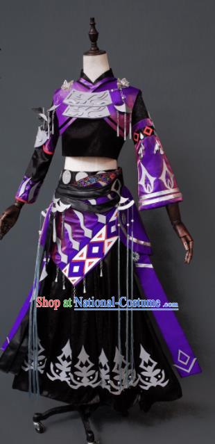 Chinese Ancient Cosplay Heroine Assassin Purple Dress Traditional Hanfu Female Swordsman Costume for Women