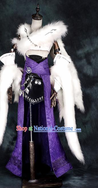 Chinese Ancient Cosplay Heroine Female Assassin Purple Dress Traditional Hanfu Swordsman Costume for Women